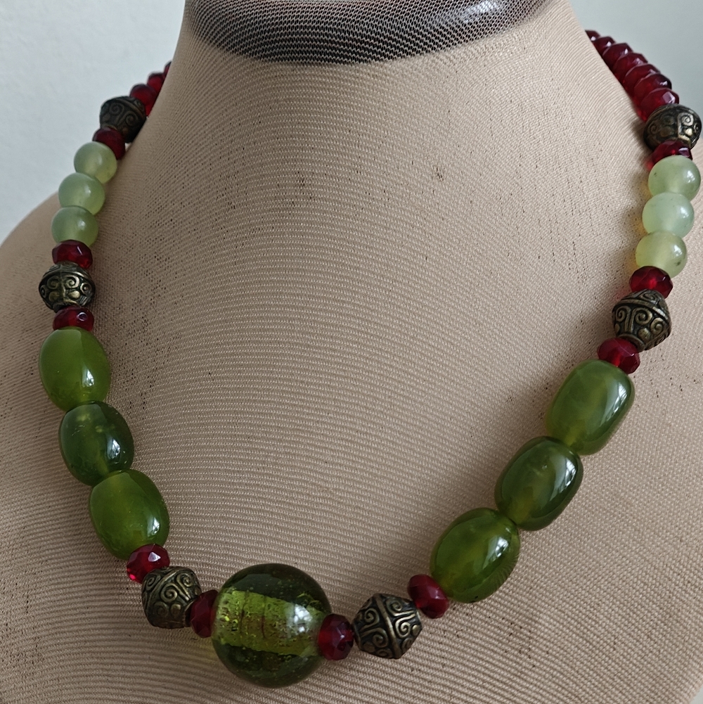 Handmade Irish Marble Green and Garnet Glass Beaded Necklace